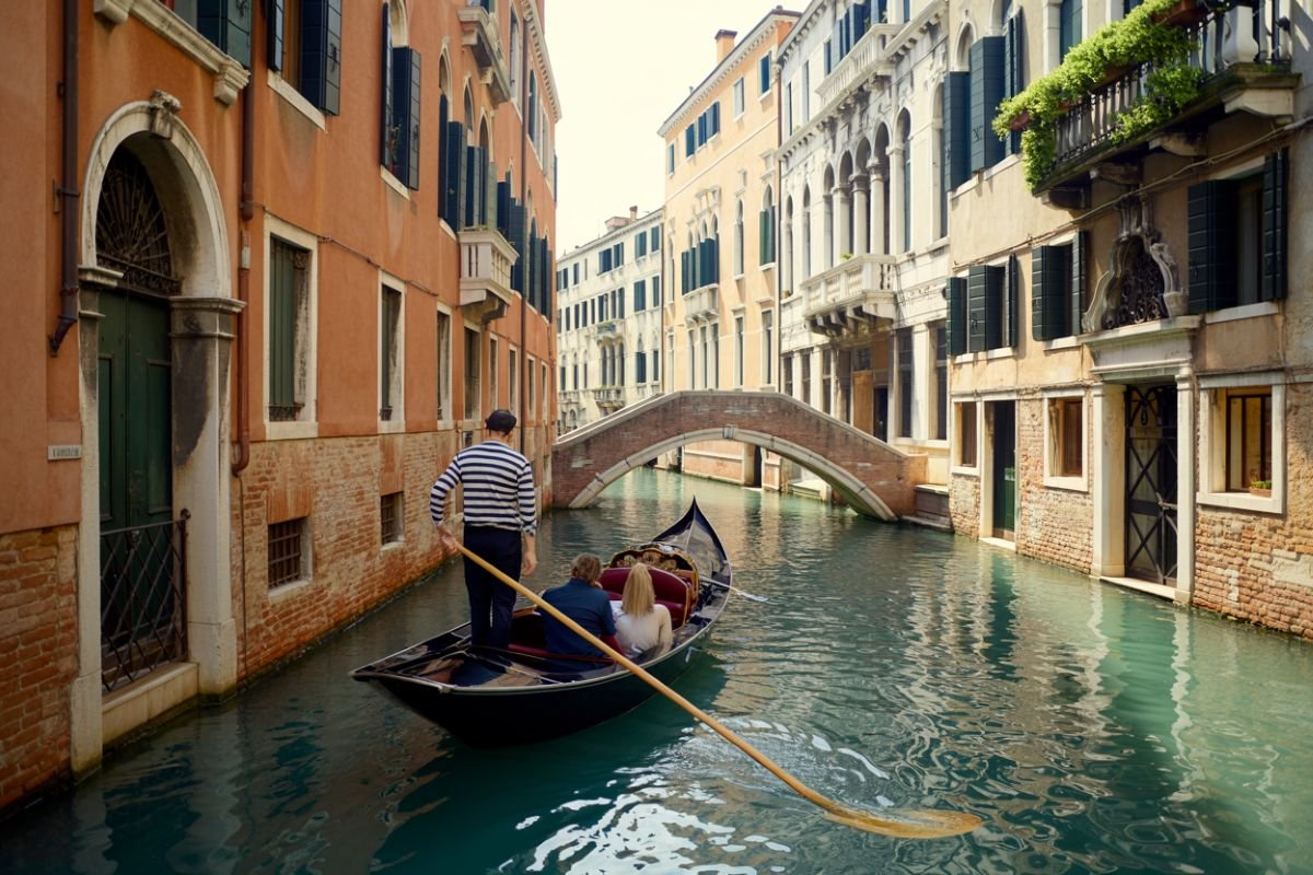 Gondola navigating a canal in venice, italy, showcasing iconic transportation an.