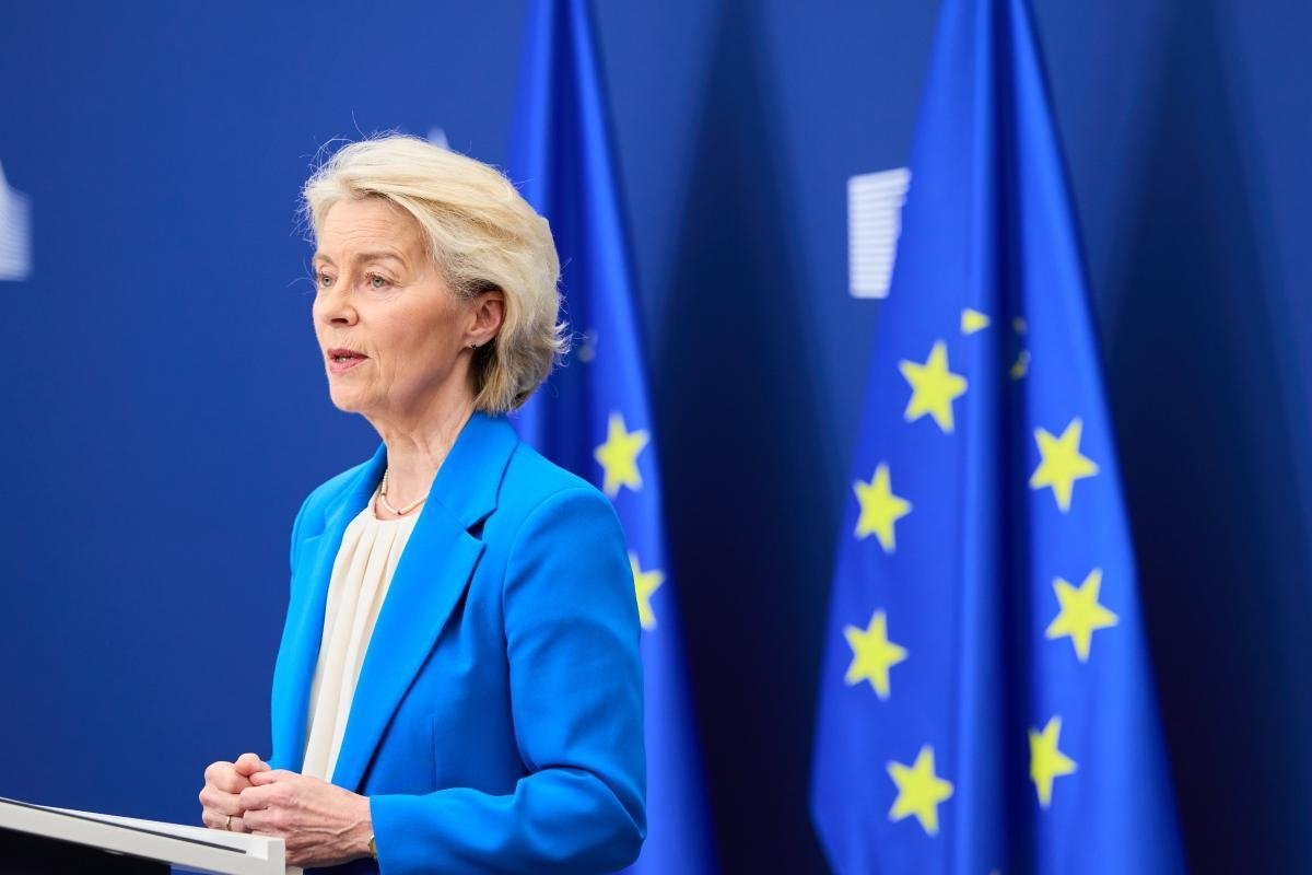 European Commission president Ursula von der Leyen speaking to reporters in Brussels