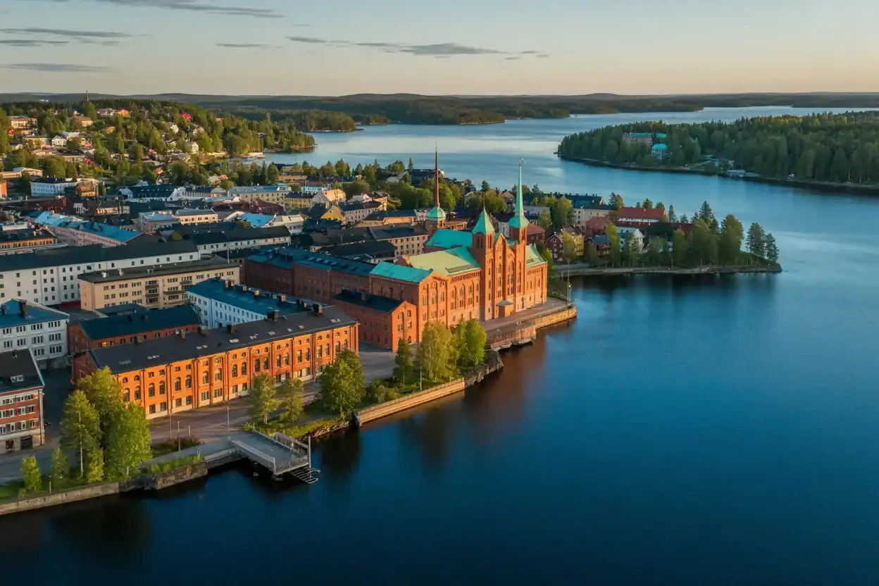 Beautiful aerial view of tampere's historic buildings and scenic lakefront in fi.