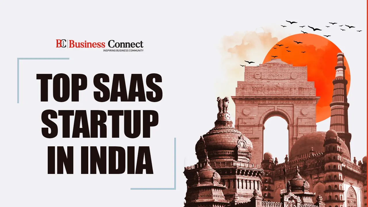 Business Connect graphic showcasing top SaaS startups in India with modern skyline and heritage monuments