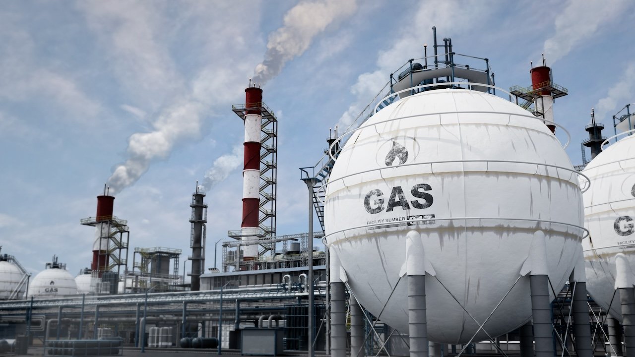 LNG storage tanks at a processing or refinery plant.