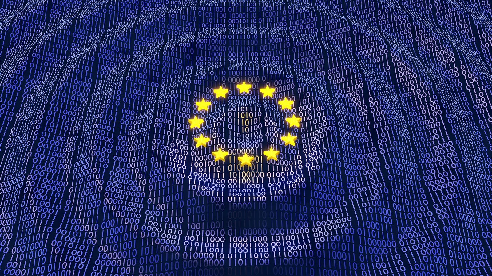 European Union (EU) concept image showing flag on a digitized background with ripples flowing out from 12 stars.