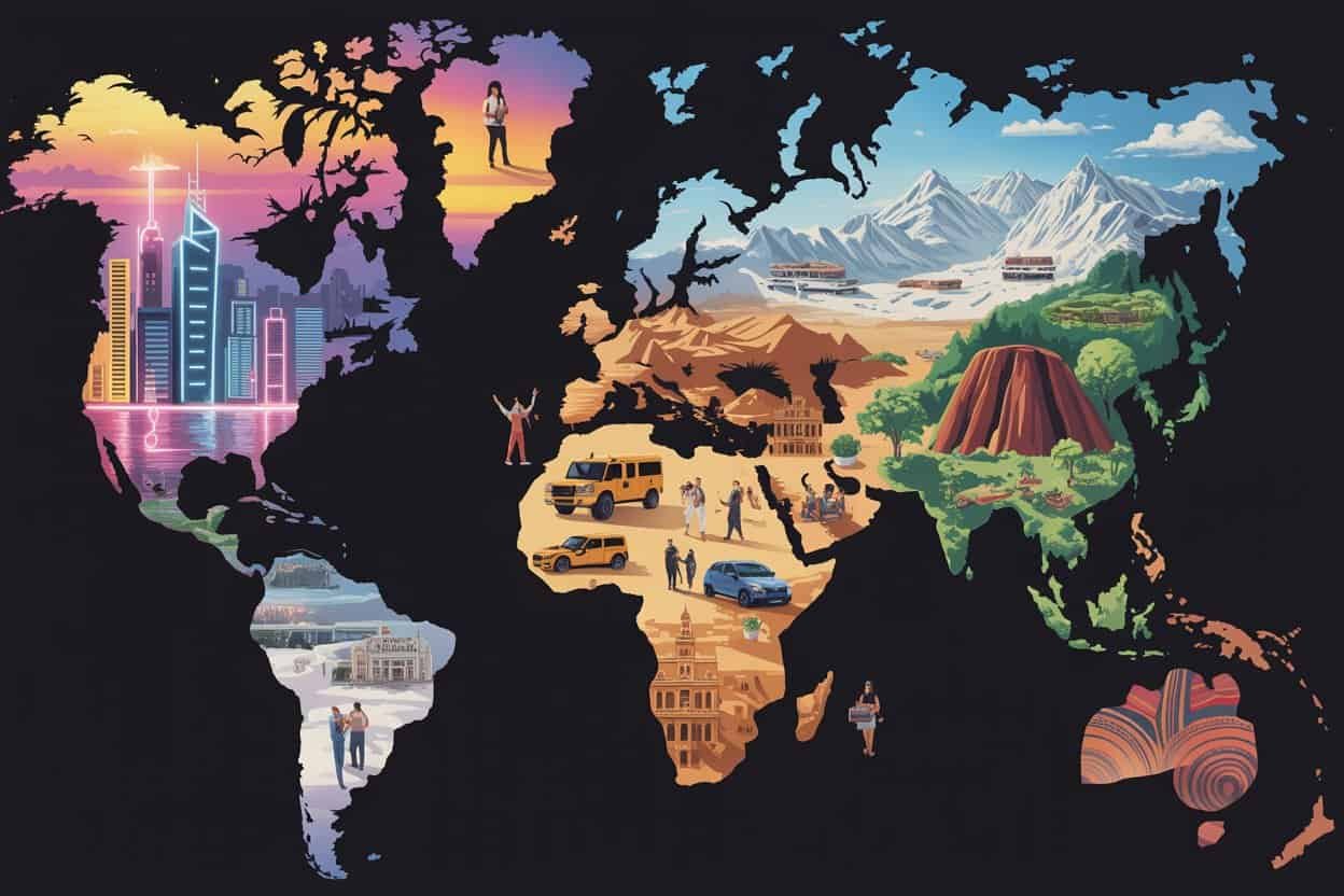Diverse world map highlighting tourism, culture, and sustainability across conti.