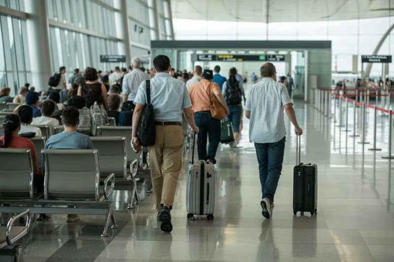 Travelers at airport terminal with luggage for green travel.