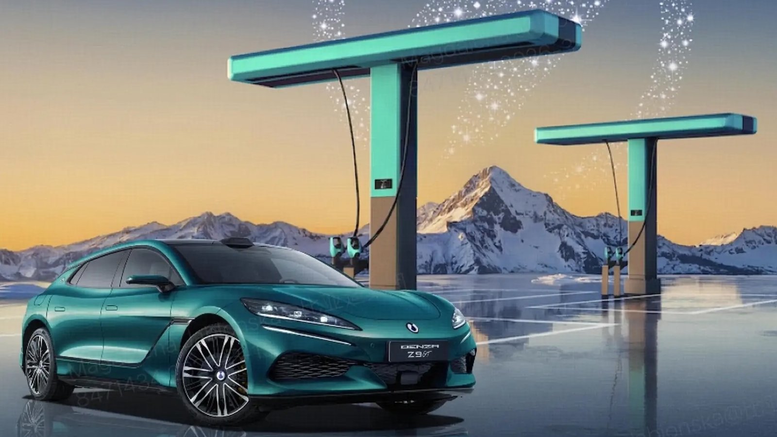 A sleek green electric car is parked near futuristic charging stations with snowy mountains in the background.