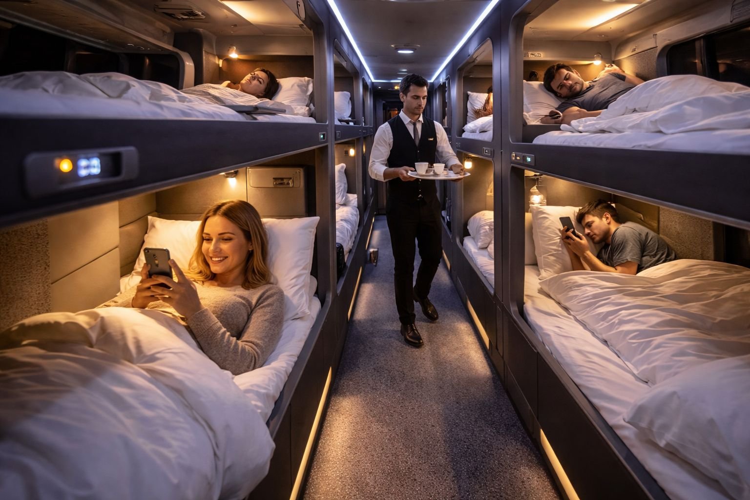 Europe has just discovered what Brazil has been doing for decades: sleeping lying down on a bus during the trip, and now a Swiss startup is shocking the continent with seats that turn into real beds, complete bedding, unlimited coffee, and only 21 passengers on board.