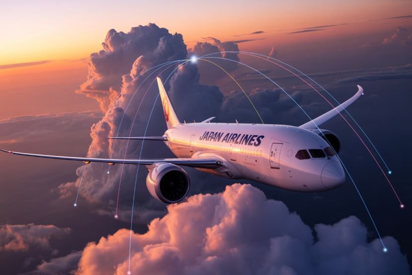 Japan airlines aircraft with inflight internet technology over clouds at sunset.