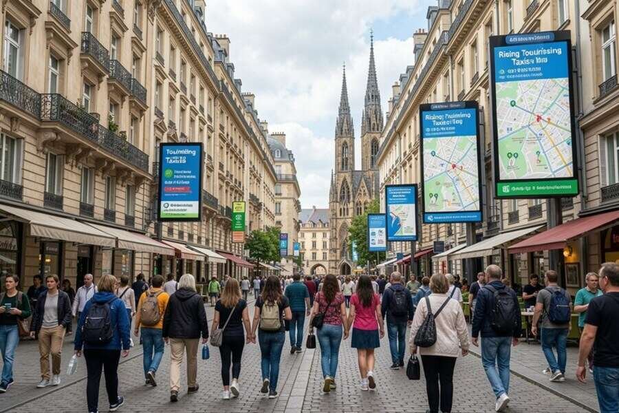 Crowded european city street with tourists and digital info signs.