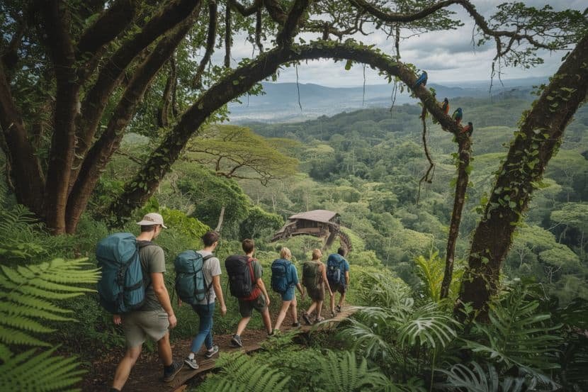 Hikers trekking through lush rainforest in africa, showcasing sustainable touris.
