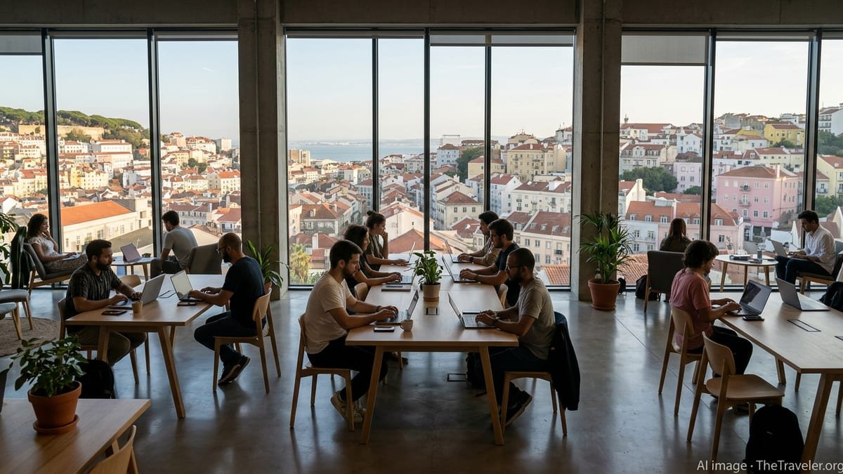 Coworking space in Lisbon with remote workers and city view through large windows.