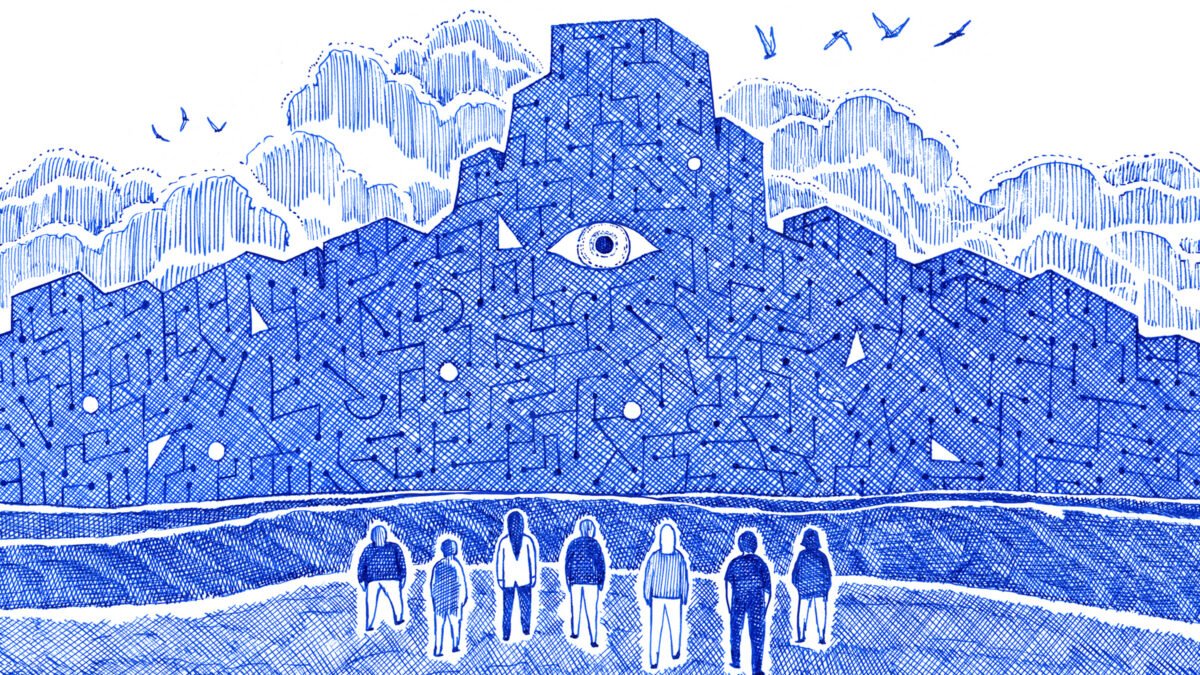 An illustration of a mountain resembling a data center and the affected community at the bottom.