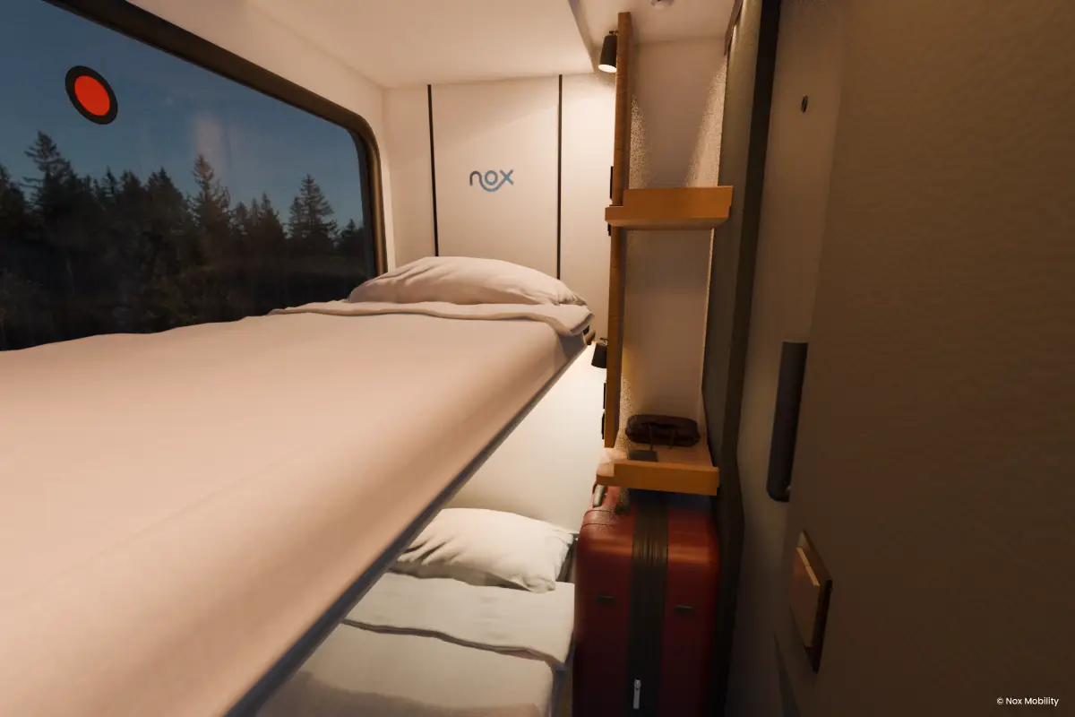 Double Vista Room on Nox night train with bunk beds and luggage space