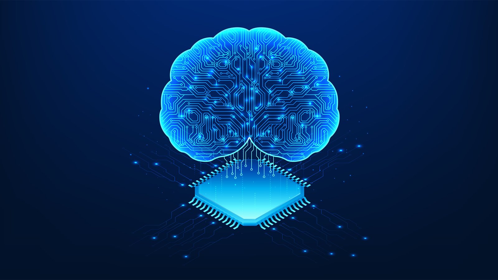 Agentic AI tools concept image showing digitized human brain with data flows coming from microchip underneath.