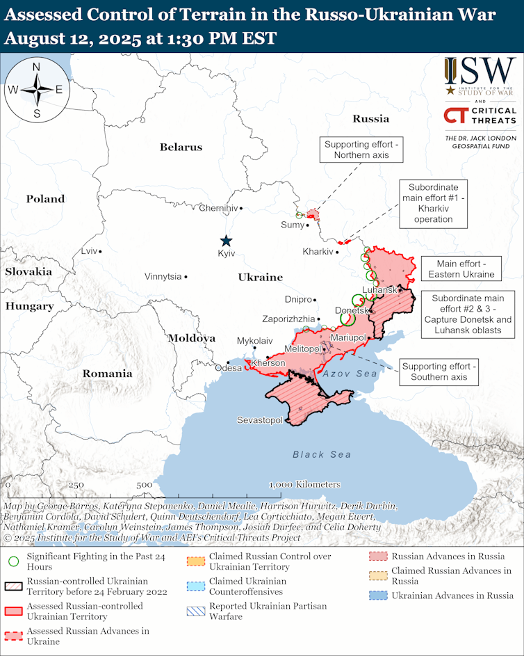 ISW map showing the state of the conflict in Ukraine as of August 12 2025.