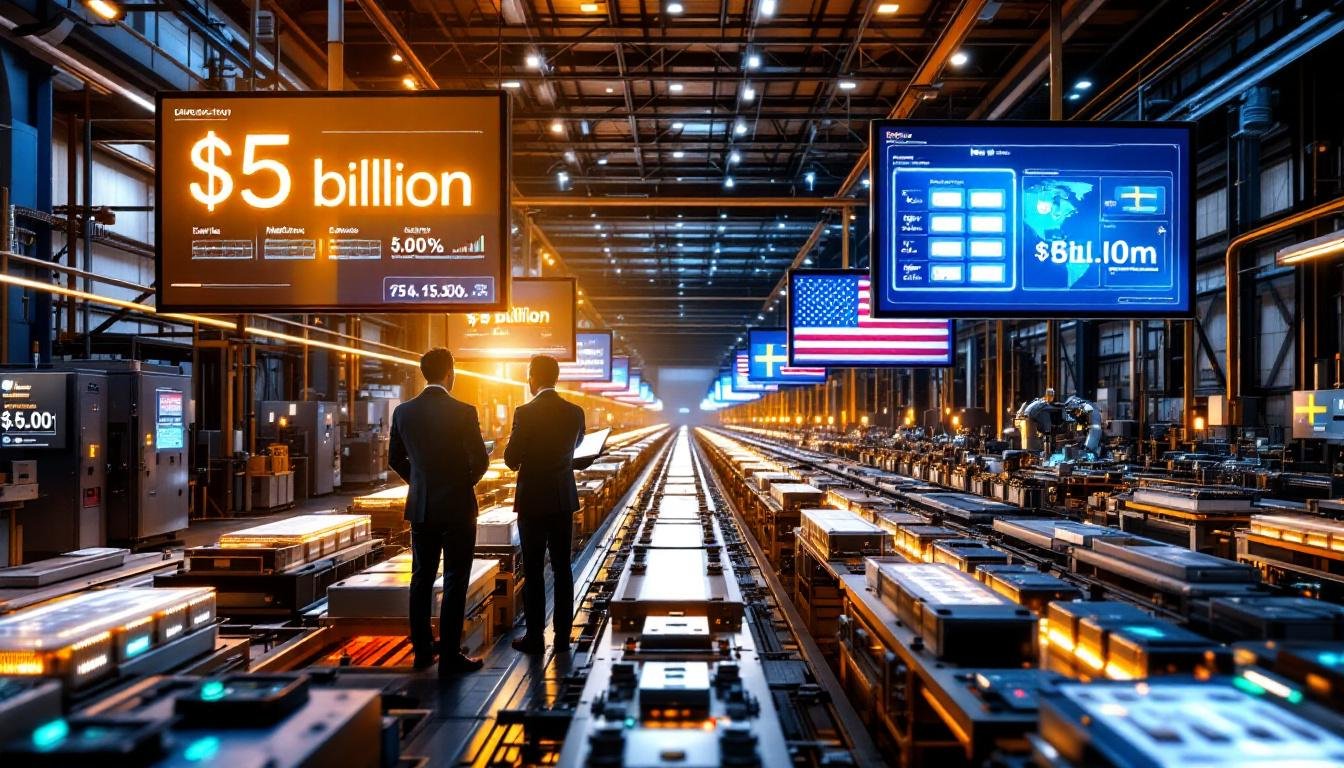 U.S. startup acquires Northvolt’s Gigafactory assets: industrial setting with digital displays.
