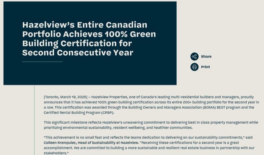 Hazelview’s Entire Canadian Portfolio Achieves 100% Green Building Certification for Second Consecutive Year | Hazelview Investments [Real Estate - Europe]