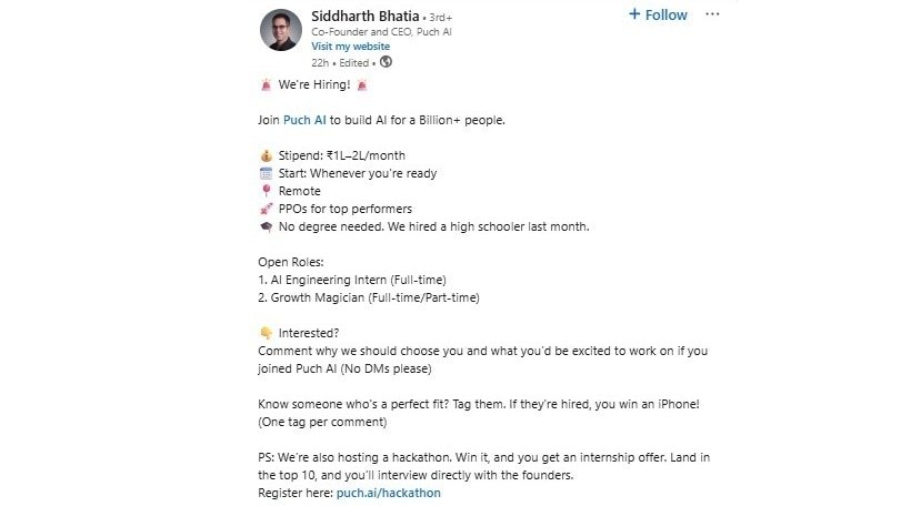 Indian CEO's viral remote internship pays up to Rs 2 lakh, no degree needed