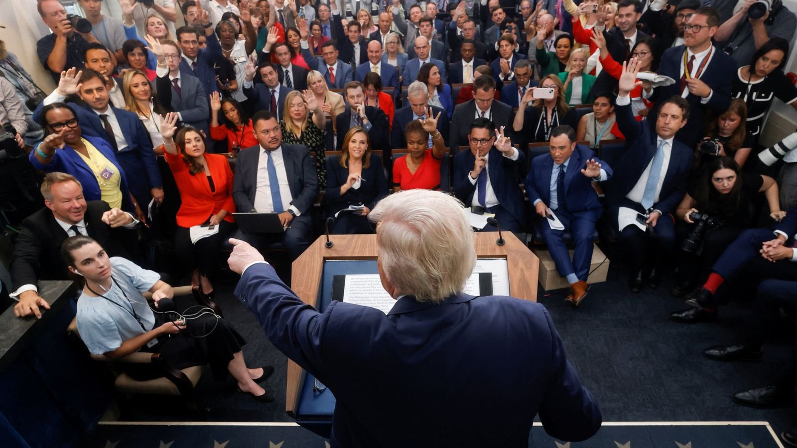 Donald Trump speaks to reporters at the White House. Pic: Reuters