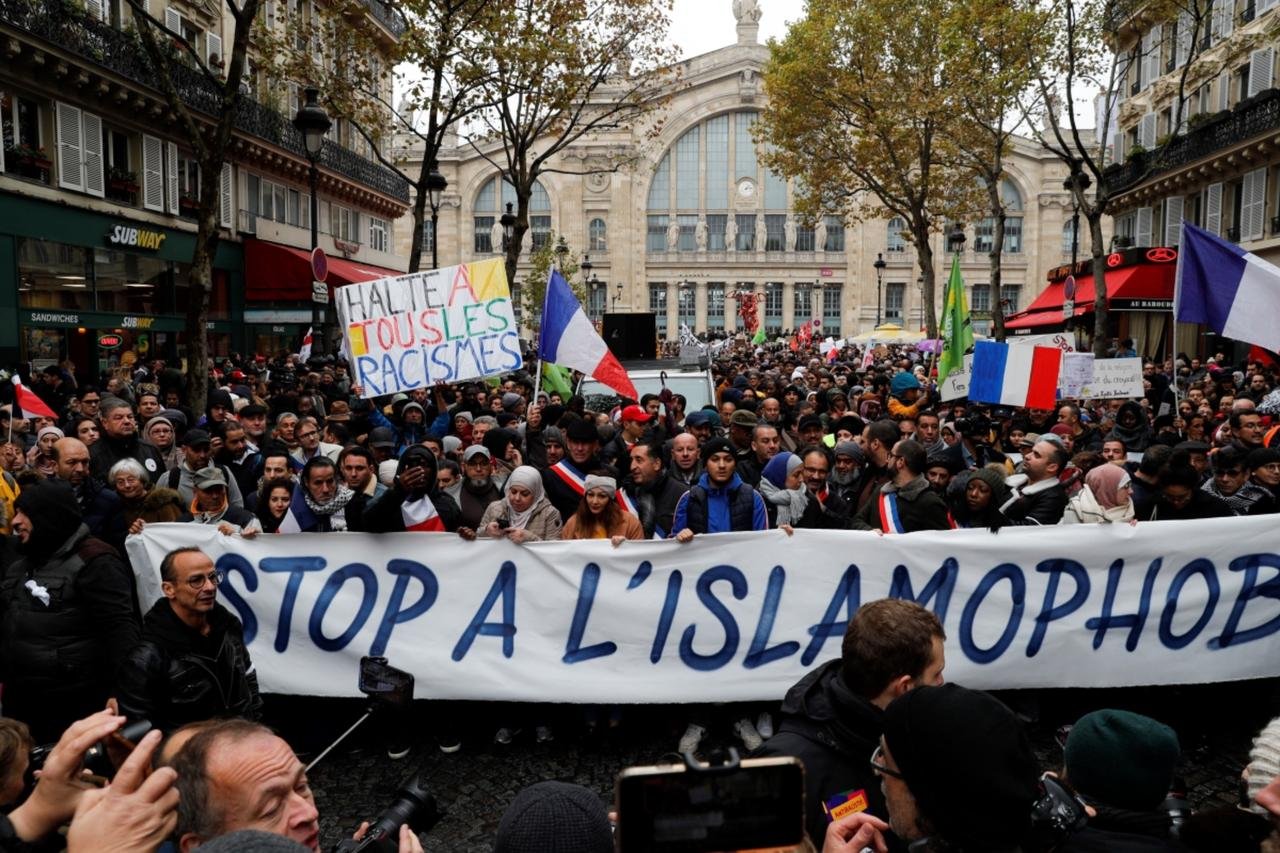 Demonstration march in front of the Gare du Nord, in Paris to protest against Islamophobia, November 10, 2019. (AFP Photo)