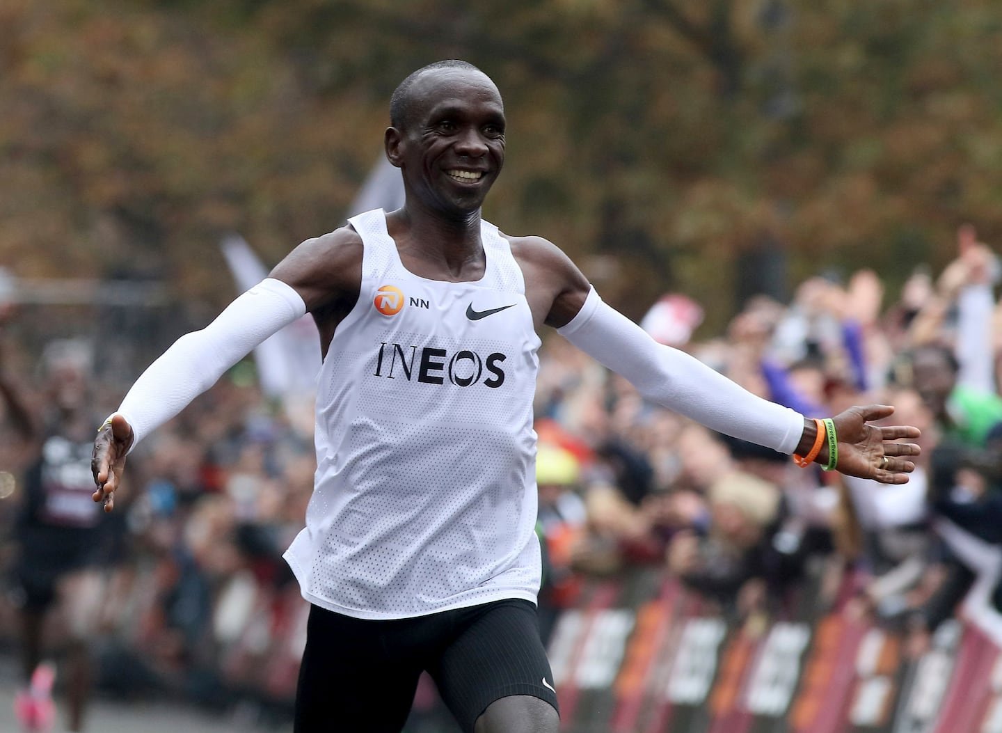 Marathon runner Eliud Kipchoge from Kenya celebrated after running a marathon distance in under two hours.