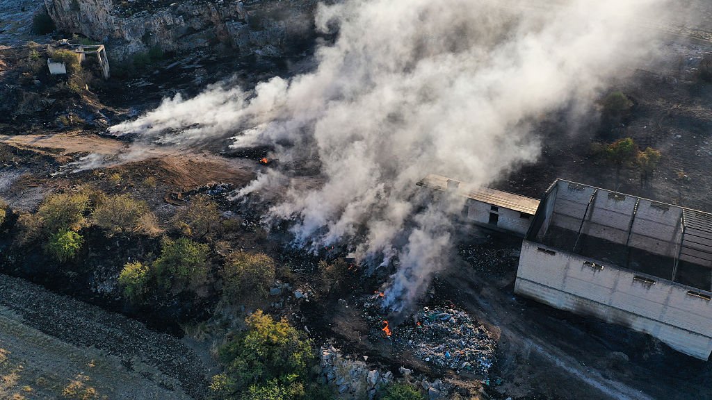 Aerial Drone View Of Toxic Fire From Abandoned Waste Bales In Minervino Murge
