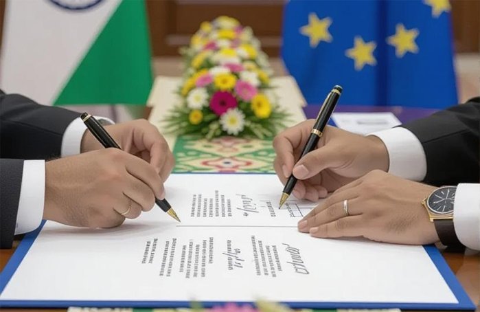 Indian and EU officials signing strategic cooperation agenda in 2025