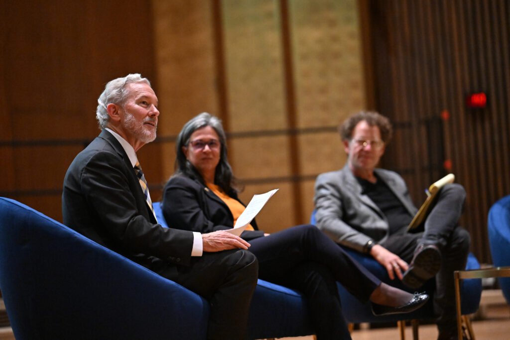 Chancellor Rich Lyons, left, speaks to an audience about startup culture at UC Berkeley while Ana Claudia Arias, center, and Ken Goldberg, right, look on