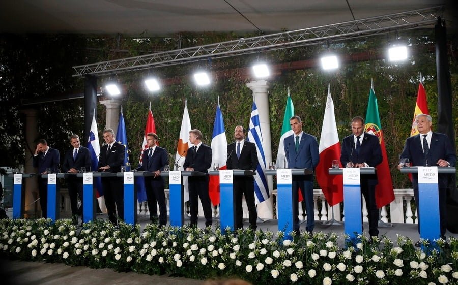 (L-R) Portugal’s Prime Minister Luis Montenegro, Greek Prime Minister Kyriakos Mitsotakis, Croatia’s Prime Minister Andrej Plenkovic, French President Emmanuel Macron, Slovenia’s Prime Minister Robert Golob, Cypriot President Nikos Christodoulides, Spanish Prime minister Pedro Sanchez, Malta’s Prime Minister Robert Abela and Italian Foreign Minister Antonio Tajani attend a joint press conference during the MED9 Leaders' Summit