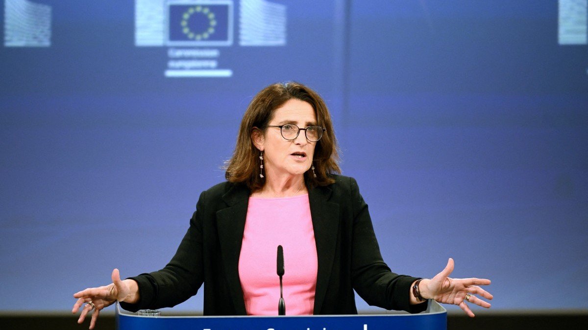EU Executive Vice-President for Clean, Just and Competitive Transition Teresa Ribera during a press conference on the EU's global climate and energy vision in Brussels on October 16, 2025.