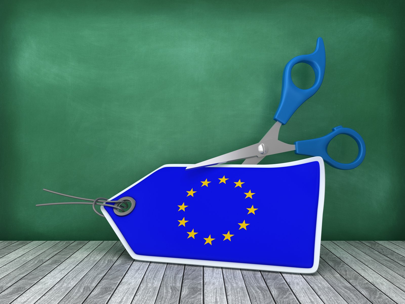 European Union Flag Price Tag with Scissors on Chalkboard Background - 3D Rendering