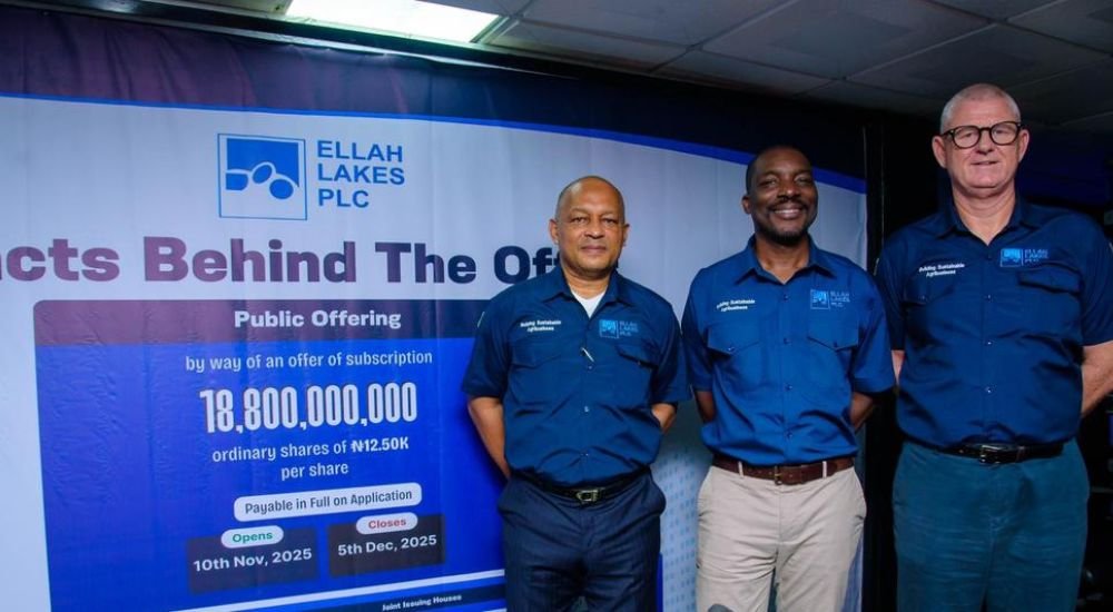 Caption (L-R): Chief Financial Officer, Ellah Lakes, Hewett Benson; Chief Executive Officer, Ellah Lakes, Chuka Mordi and Deputy Managing Director, Ellah Lakes, Paul Farrer, at Ellah Lakes’ “Facts Behind the Offer” presentation at the Nigeria Exchange Limited (NGX).
