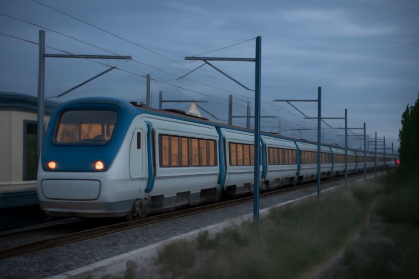 A modern, sleek electric passenger train with blue and white livery travels on tracks during twilight. The train, illuminated by soft interior lights, moves through a quiet station with overhead power lines stretching into the distance, evoking a sense of calm and efficient travel. This image highlights the future of sustainable rail transport