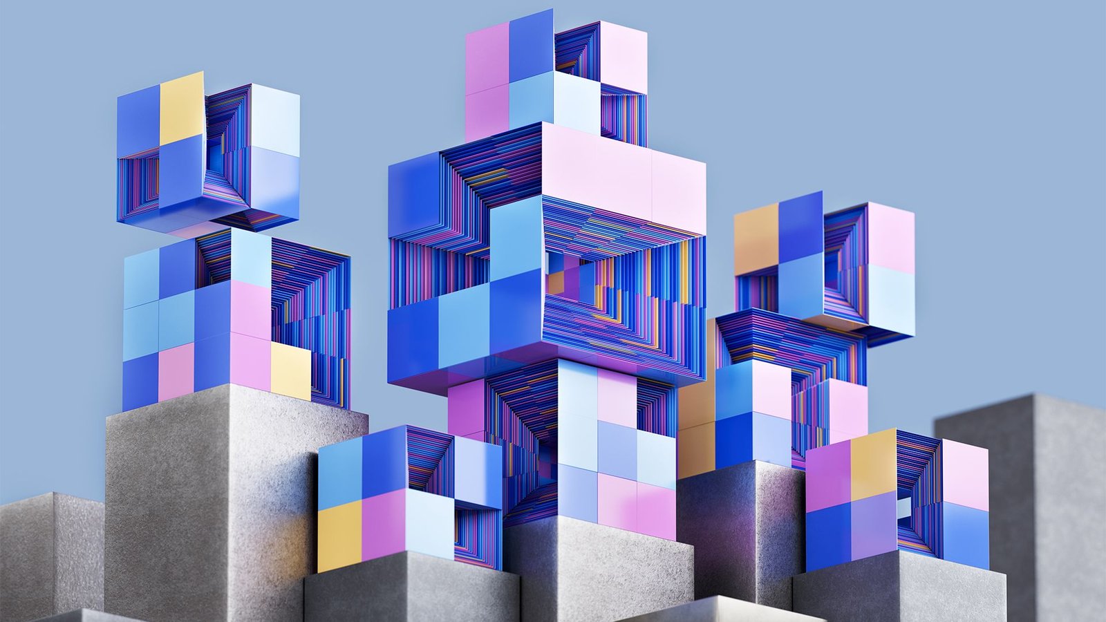 Abstract cloud infrastructure concept image showing multi-colored blocks, symbolizing data, stacked on top of each other.