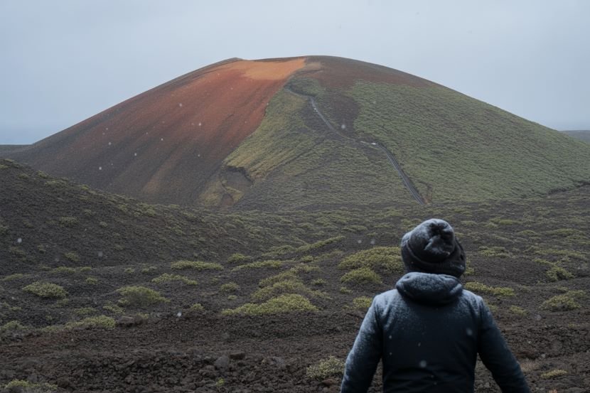 A person standing on the volcanic terrain of lanzarote, gazing at the colorful slopes of a volcanic crater surrounded by rugged, barren land