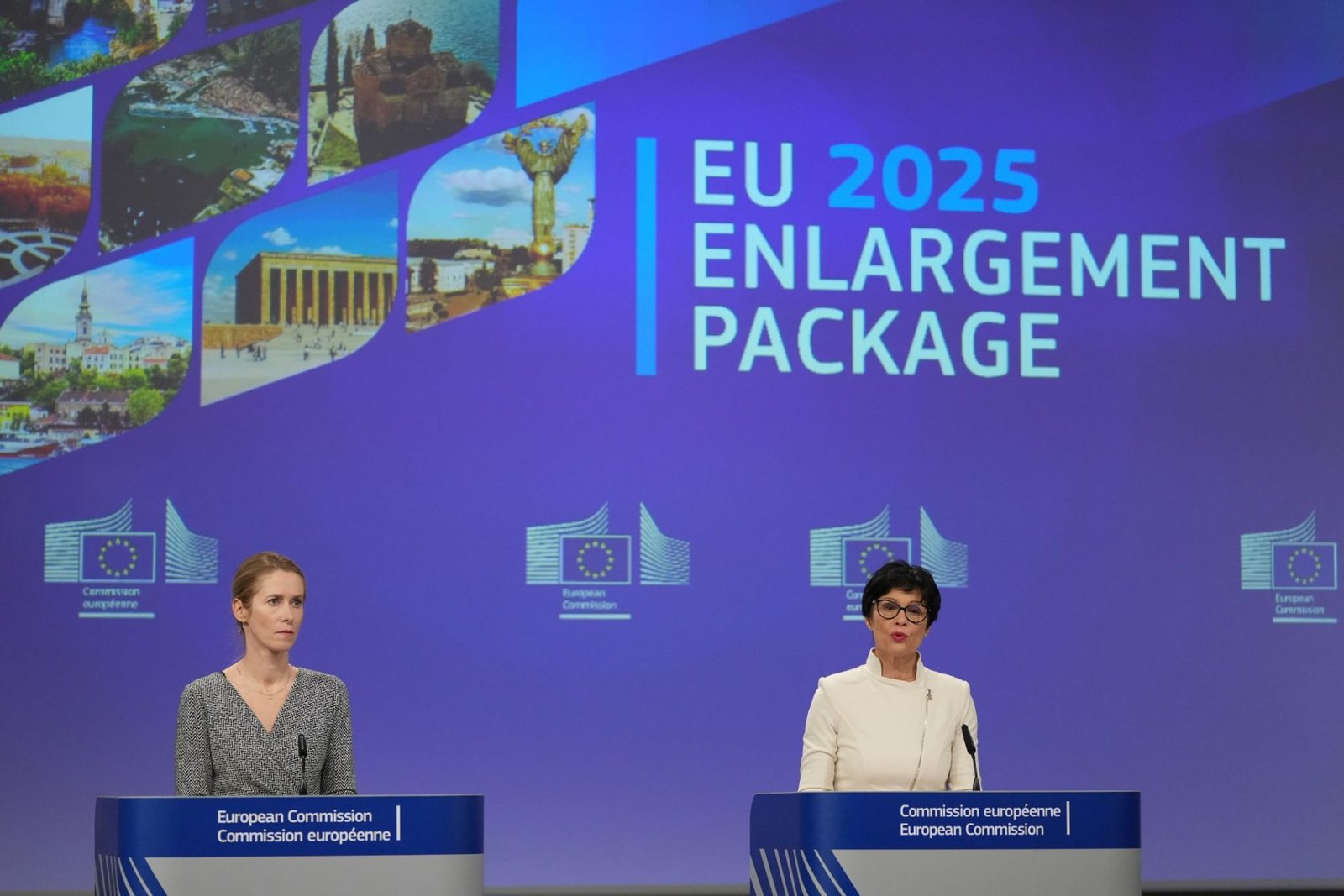 Kaja Kallas (l), Außenbeauftragte der Europäischen Union, und Marta Kos, EU-Kommissarin für Erweiterung, geben eine Pressekonferenz zur EU-Erweiterung im EU-Hauptquartier.