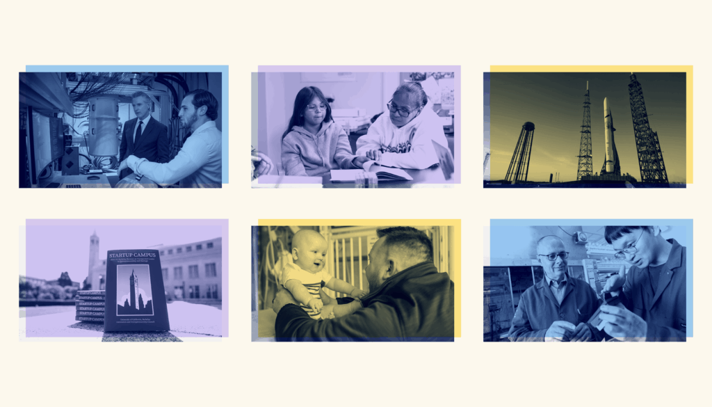Six images, arranged with three on top and three on the bottom, that are a representation of the array of stories at UC Berkeley in 2025. The images include a photo of Gov. Gavin Newso interacting in a lab, two people looking at Indigenous language materials, a rocket on a launch pad, the book Startup Campus, a person holding a baby, and Nobel Laureate Omar Yaghi.