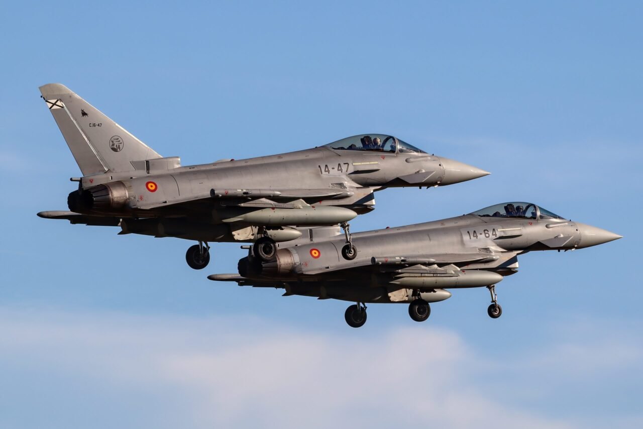 Spanish Air Force Eurofighter Typhoons landing at Berlin-Brandenburg Airport.