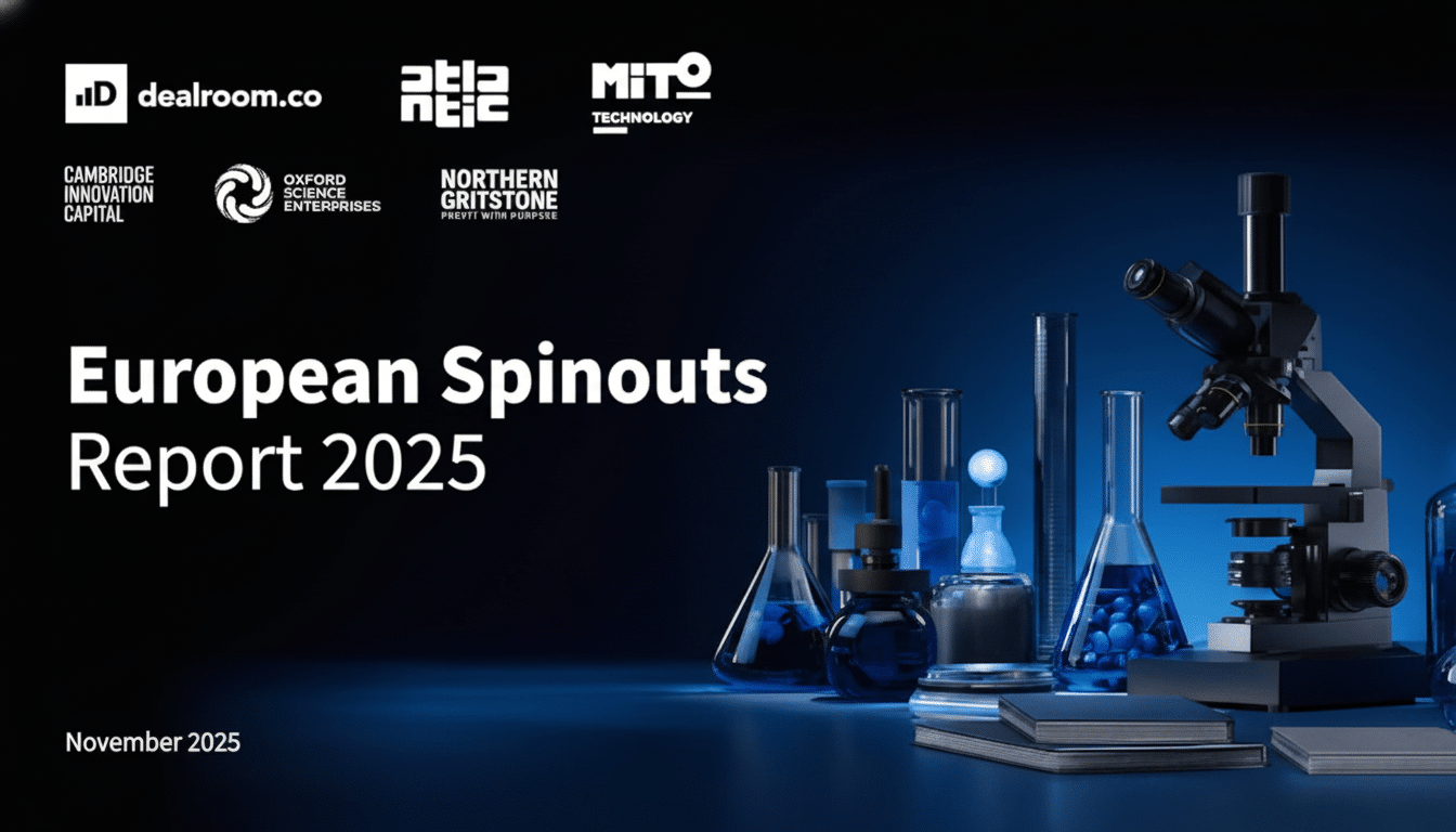 A professional image with a dark blue background, featuring the title European Spinouts Report 2025 and November 2025 in white text. Several company logos are displayed at the top. On the right side, there is a microscope and various laboratory beakers and flasks containing blue liquids.