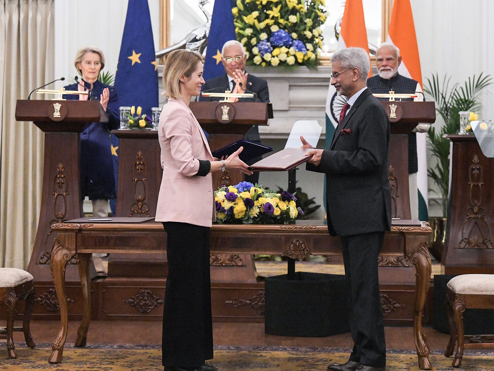 EAM Jaishankar during a joint press statement with the European delegation (Photo/ANI)