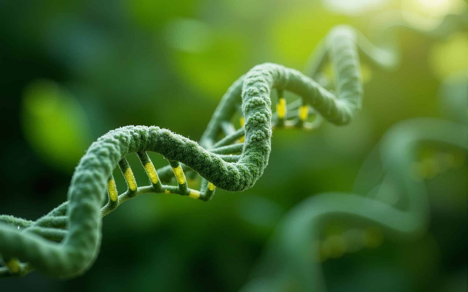 Conceptual image of CRISPR gene editing on plant DNA. Green tones and leafy textures symbolize agricultural biotechnology and nature integration.