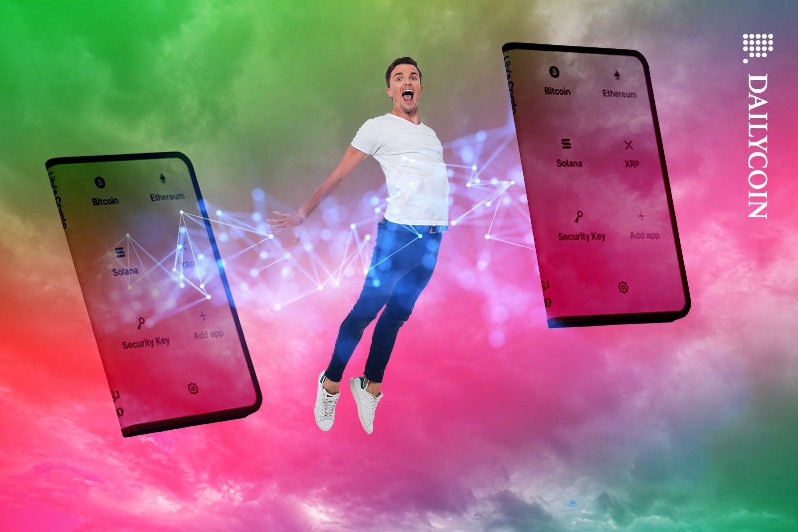 Man levitating between two ledger cold wallets in the sky.