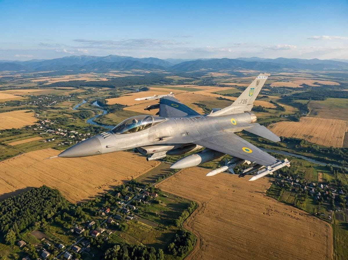 A fighter jet flies over a rural landscape with fields, trees, and scattered houses visible below.