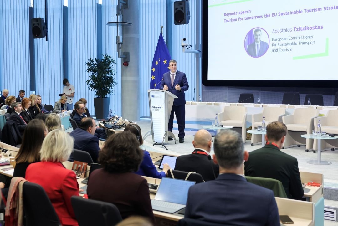 Apostolos Tzitzikostas, EU Commissioner for Sustainable Transport and Tourism, addresses policymakers and industry leaders during European Tourism Day in Brussels.