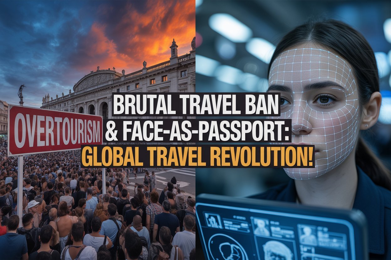 A dynamic composite image showing a split-screen: on the left, a busy tourist destination with overcrowded tourists and a sign showing "overtourism" and on the right, a passenger using biometric face recognition technology at an airport with the text "brutal travel ban & face-as-passport: global travel revolution! " in bold, impactful font. The background should be highly dramatic, with strong color contrasts and visual elements representing the global travel changes.