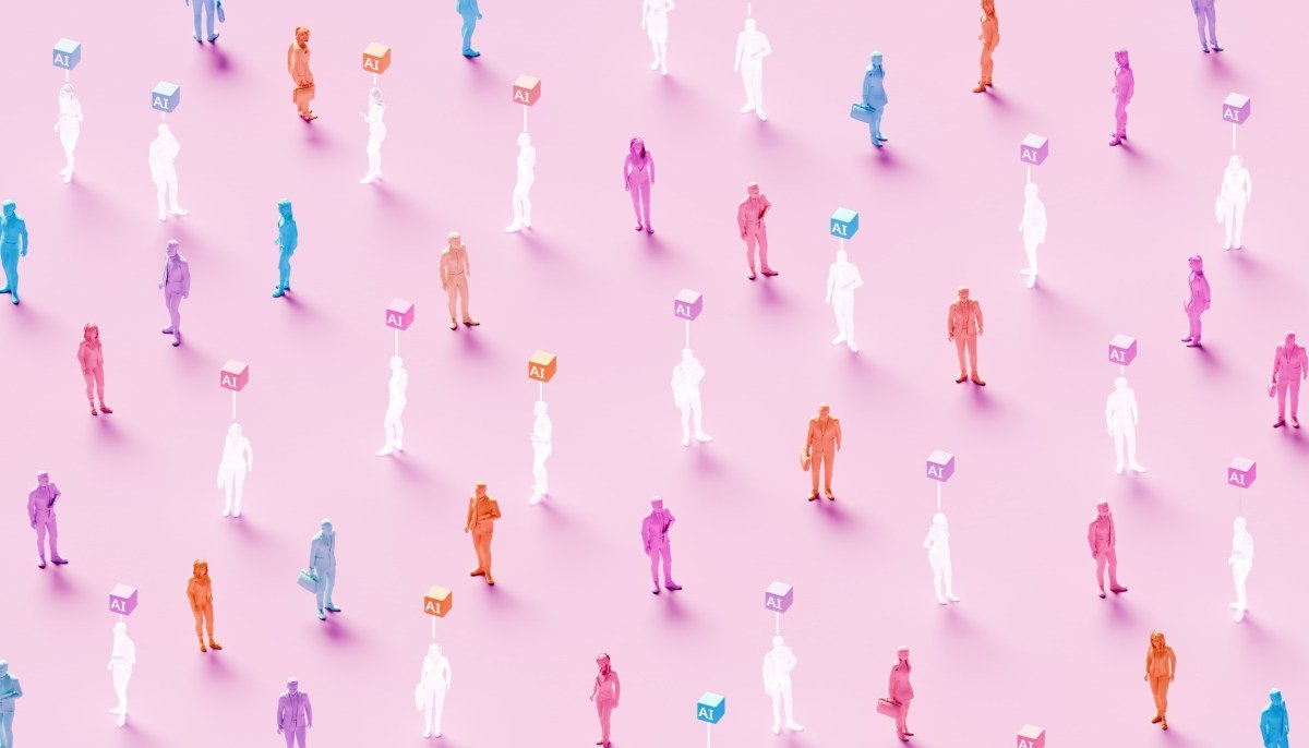 3D rendered conceptual illustration of numerous business figures evenly scattered across a soft pink background: solid colored human workers standing alongside identical translucent ghost-like figures, each translucent worker marked by a glowing “AI” symbol hovering above – powerful visualization of artificial intelligence replacing human workforce, solid employees mixed with their AI-replaced counterparts, automation displacing jobs, digital transformation eliminating roles, technological unemployment, workforce disruption, future of work with AI substitution, and the new era where real human workers are gradually replaced by artificial intelligence.