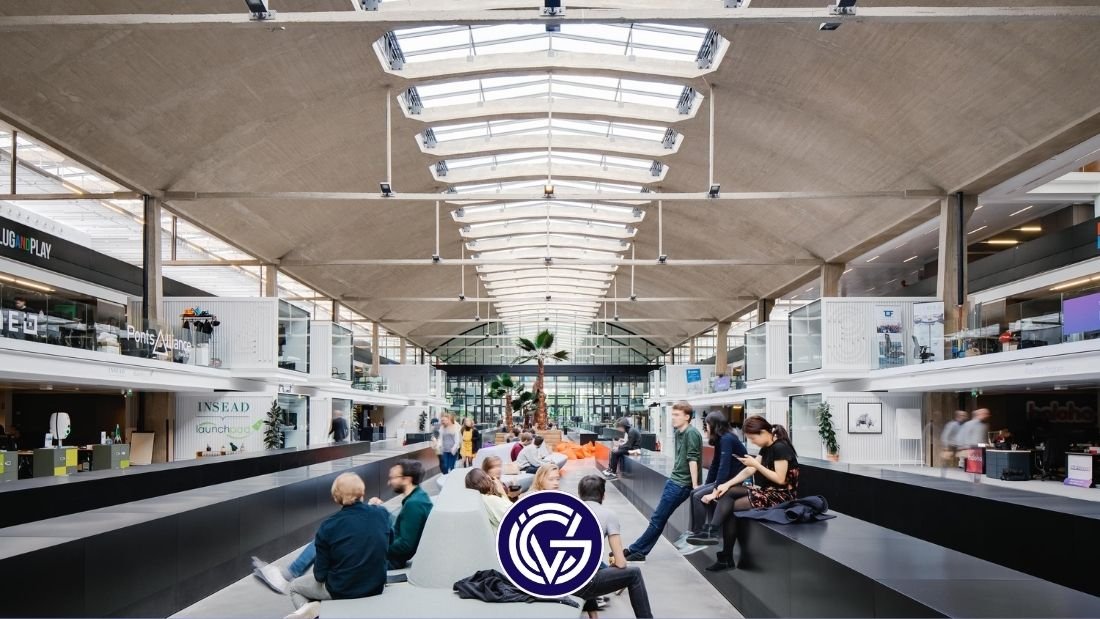 The interior of Station F, with a GCV logo on the front