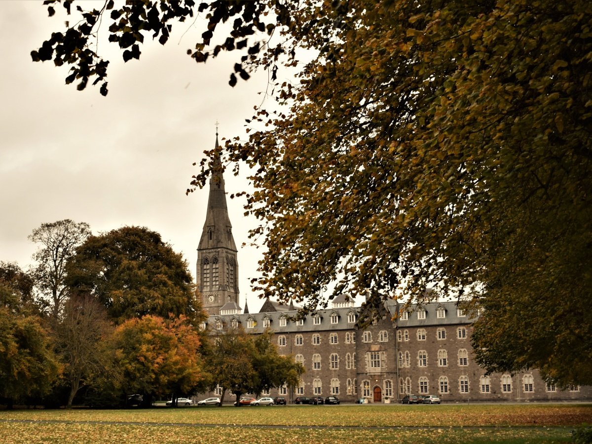 A picture of a building at Maynooth University at dusk.