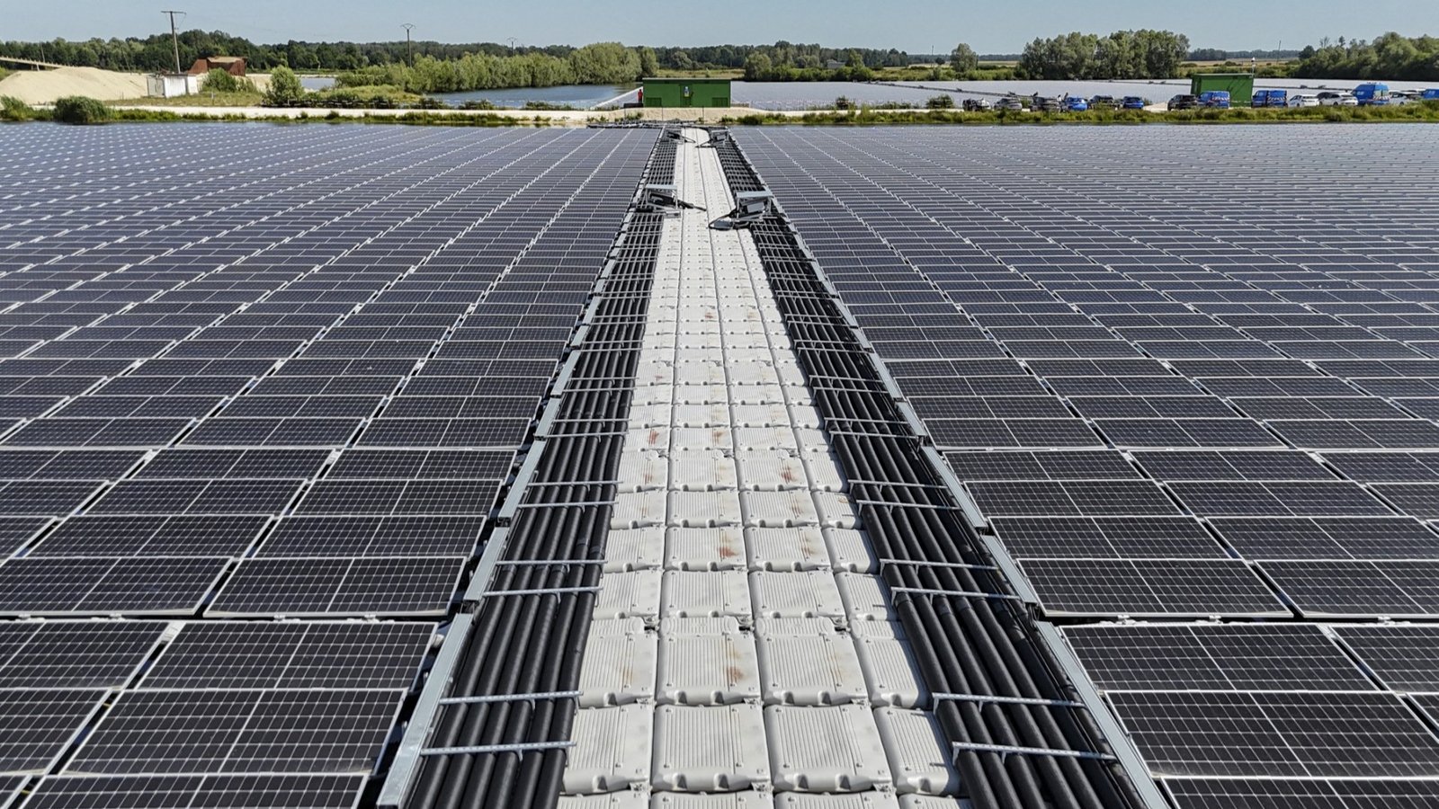 Solar panels displayed at Europe’s largest floating solar power farm (Les Ilots Blandin) belonging to Q Energy in Perthes, north-eastern France on June 20, 2025.