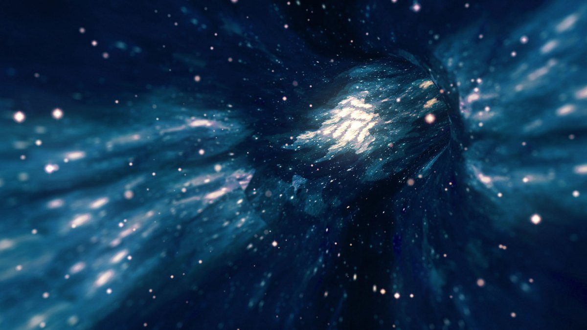 Interstellar lightspeed space travel in hyperspace wormhole portal with stars