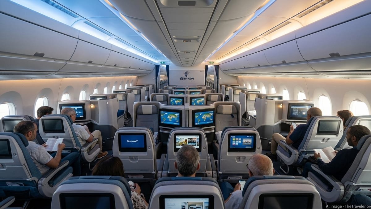 Cabin of an EgyptAir Airbus A350-900 showing modern business suites and economy seats under soft blue and gold LED lighting.